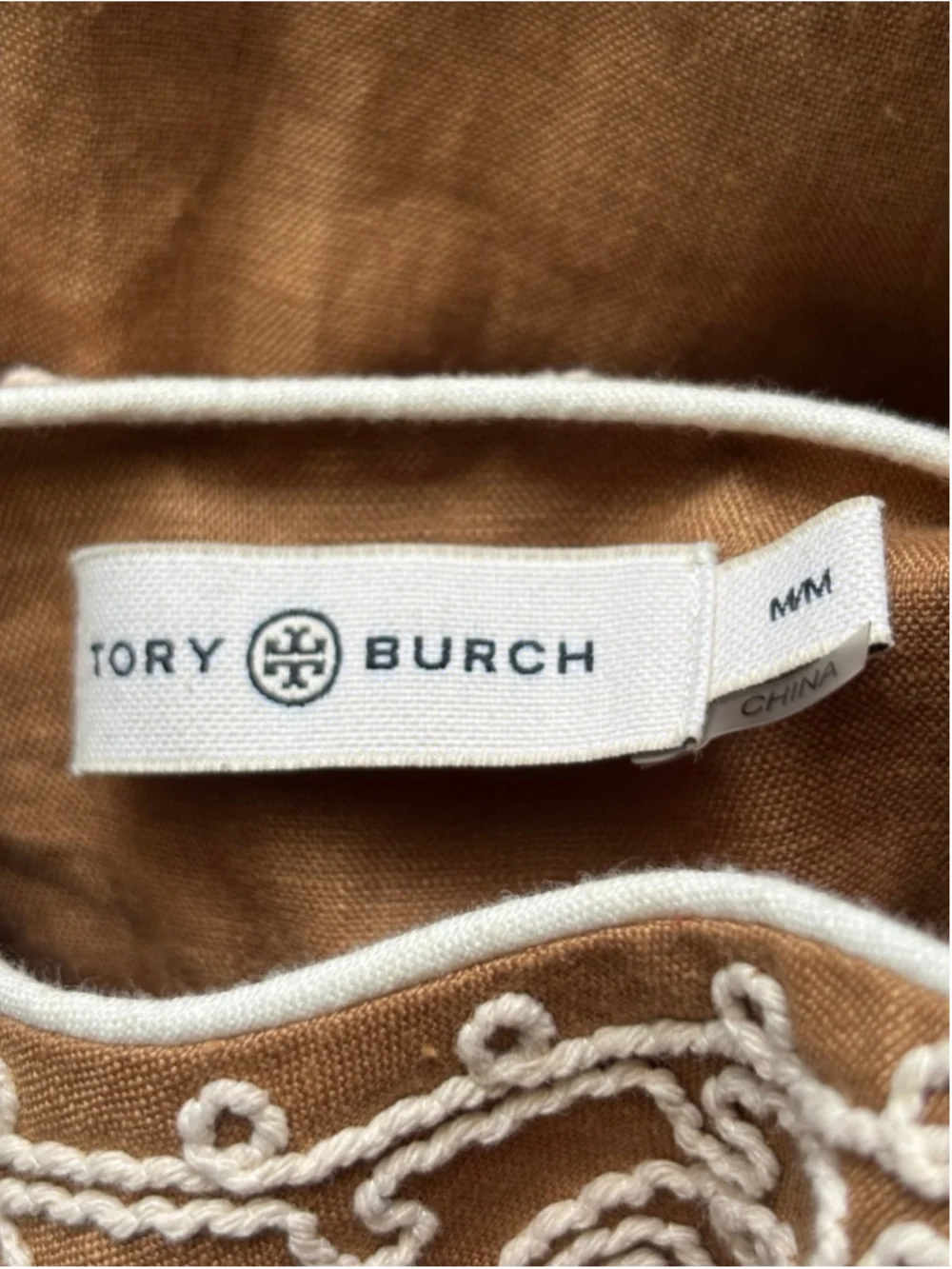 Tory Burch Maxi Dress Embroidered Linen Long Dark Tan Beige Kaftan Designer